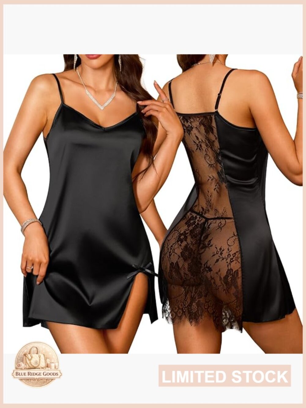 Satin Babydoll Nightgown V Neck Lace Slip Dress Adjustable Straps Sleepwear